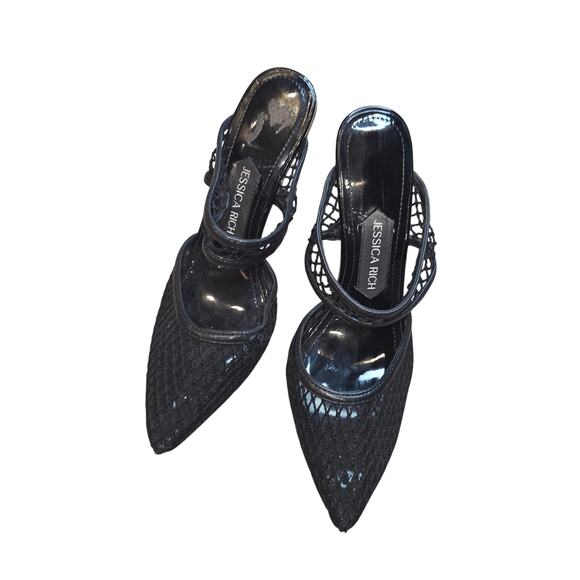 Jessica Rich, Ysabelle stiletto, fishnet pointed toe black slip on pumps sz 7 - Picture 2 of 7